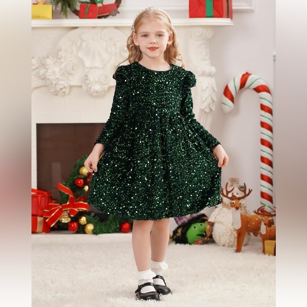 Amazon Girls Sequin Velvet Dress Long Sleeve Birthday Party Dress Fall Winter